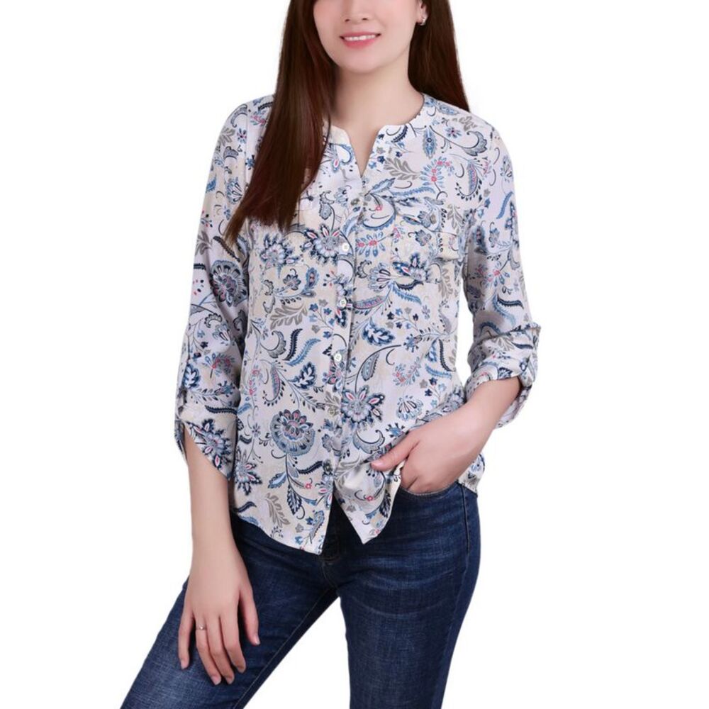 NY Collection Petite 3/4 Sleeve Roll Tab Y Neck Blouse